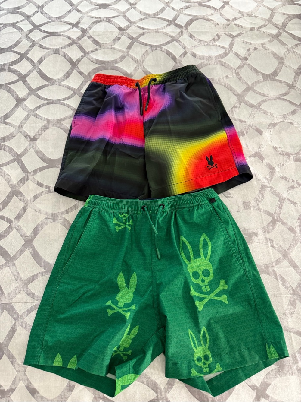 2 Psycho Bunny Kids Multicolor Gradient & Green Skull Swim Trunks